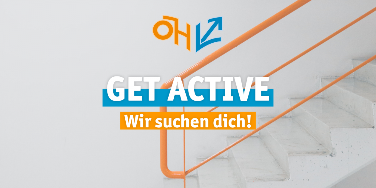 Text "Get active- wir suchen dich" mit Stiege im Hintergrund