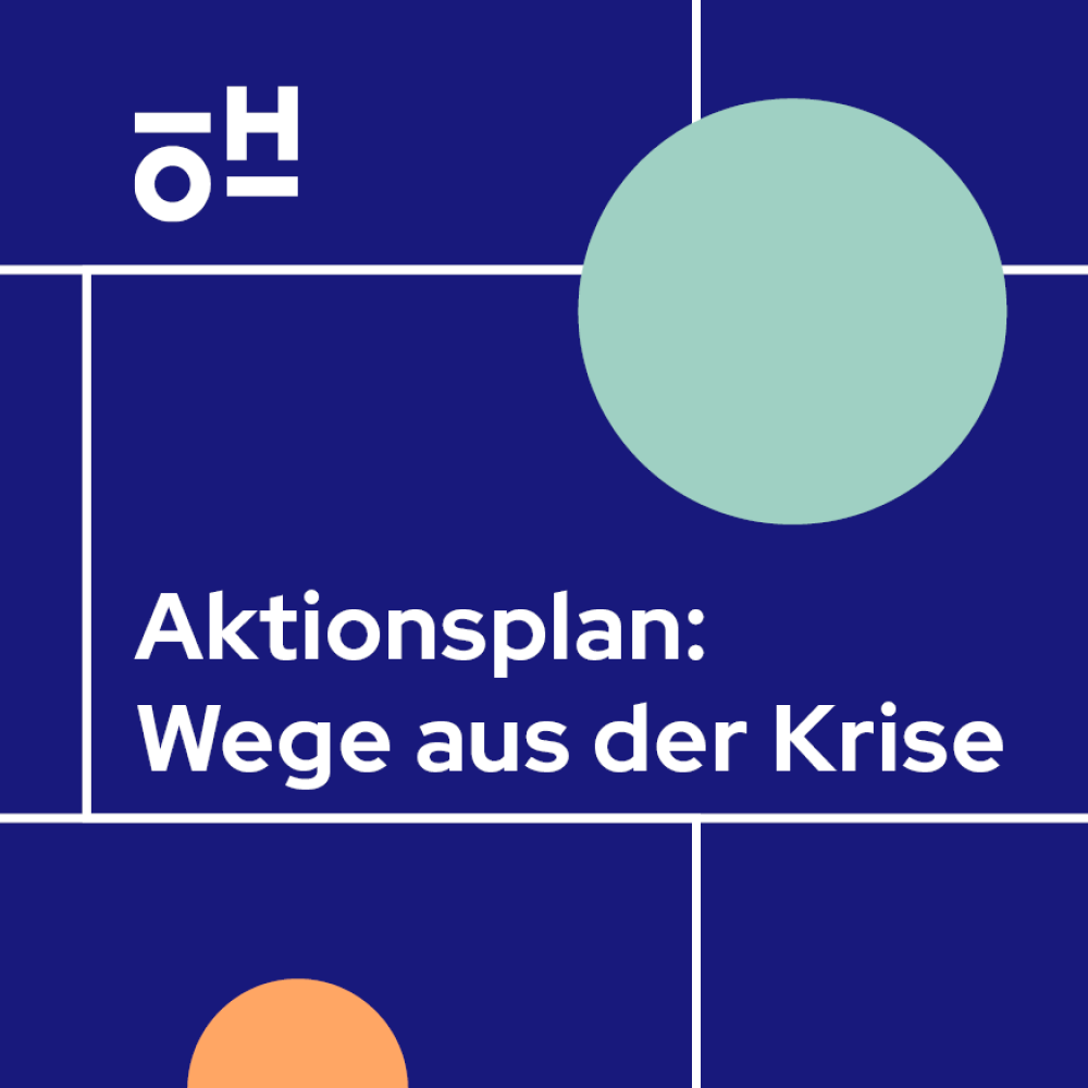 weiße Schrift auf dunkelblauem Grund: Aktionsplan: Wege aus der Krise