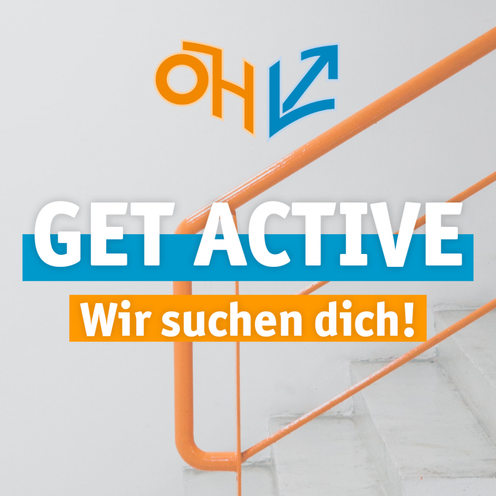 Text "Get active- wir suchen dich" mit Stiege im Hintergrund